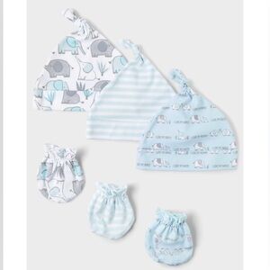 Baby Elephant Print Hat and Mittens Set - Blue and White